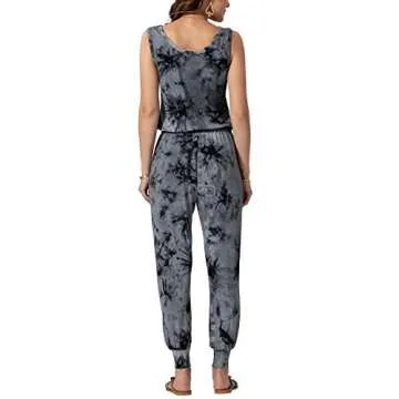 WEKILI Women’s Round-Neck Sleeveless Romper Elastic Waist Stretchy Casual Loose Long Pants with Pockets Jumpsuit Tie Dye Black M