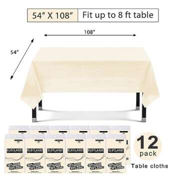 Eleclassi Ivory 12 Pack Premium Disposable Plastic Tablecloth 54 x 108 in - Plastic Table Cloths for...