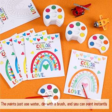 24 Pack Mini Watercolor Kids Paint Set Painting Valentines Day Card Mini Watercolor Palette, 5 Color Tray with Paint Brush Included, Preschool Coloring Cards Valentines Day Gifts to Color for Party