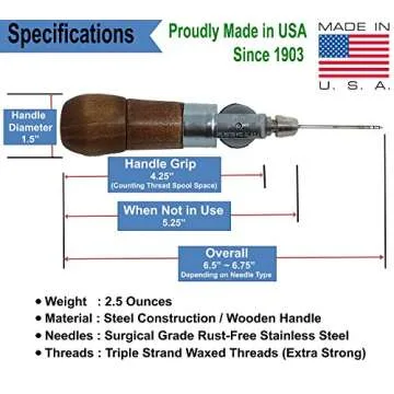 Repair Stitch Tool | Sewing Awl for Bounce Houses, Inflatables, Leather, Thick Fabric, Shoes, Bags, Belt, Upholstery Repair Kit & Crafts Leather, Tarp Stitching – Made in USA. Professional Heavy Duty