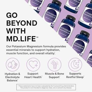 MD. Life Magnesium Potassium Supplement - 90 Capsules - High Absorption Magnesium Complex to Support...