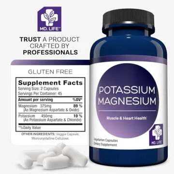 MD. Life Magnesium Potassium Supplement - 90 Capsules - High Absorption Magnesium Complex to Support Vascular Health & Leg Cramp 90cts