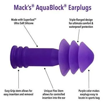 Mack's AquaBlock Swimming Earplugs, 3 Pair - Comfortable, Waterproof, Reusable Silicone Ear Plugs fo...
