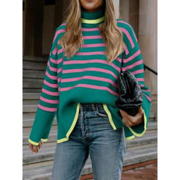 Oversized Sweaters for Women Fall Turtleneck Pullover Striped Green Pink 2X