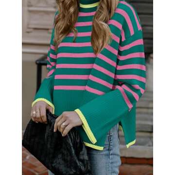 Oversized Sweaters for Women Fall Turtleneck Pullover Striped Green Pink 2X