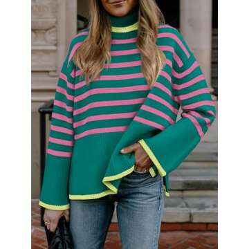 Oversized Sweaters for Women Fall Turtleneck Pullover Striped Green Pink 2X