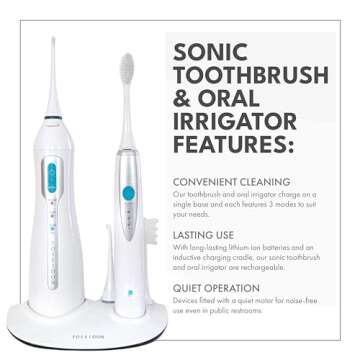 ToiletTree Products Poseidon Irrigator and Toothbrush Combo - Rechargeable Sonic Toothbrush and Oral Irrigator to Support Oral Health and Fight Bad Breath - Comes with Extra Tips for Multiple Users