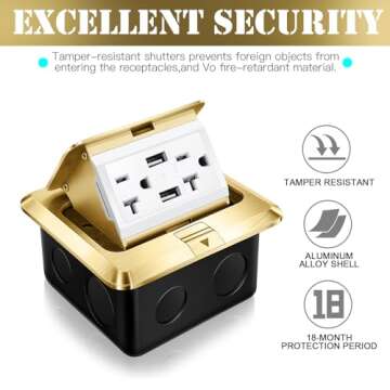 Hoolerry 2 Pack Pop up Floor Electrical Outlet Cover Box Kit with 4.8A USB Charger 20Amp Waterproof Weatherproof Floor Tamper Resistant Outlet Receptacle for Countertop Home (Gold)