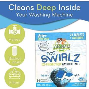ECO-GALS Washing Machine Cleaner and Deodorizing Tablets For Front & Top Load Washers Including H.E. to Remove Odor causing build-up, Pet Hair, & debris from drum, pipes, and filter.