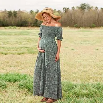 Floral Maternity Dress for Photoshoot Baby Shower, Square Neck Puff Sleeve Maternity Boho Smocked Pregnancy Dresses Green