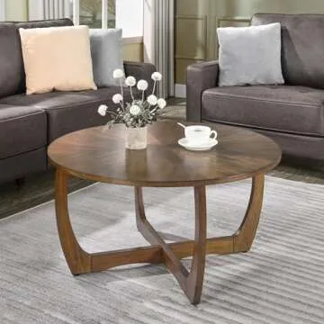 Round Wood Coffee Table, Solid Hardwood Coffee Tables for Living Room, Mid Century Modern Coffee-Table with Criss-Cross Wood Legs, 33.5"D x 17.7"H, Designed Home Furniture, Easy Assembly, Center Table