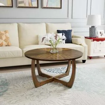 Round Wood Coffee Table, Solid Hardwood Coffee Tables for Living Room, Mid Century Modern Coffee-Table with Criss-Cross Wood Legs, 33.5"D x 17.7"H, Designed Home Furniture, Easy Assembly, Center Table
