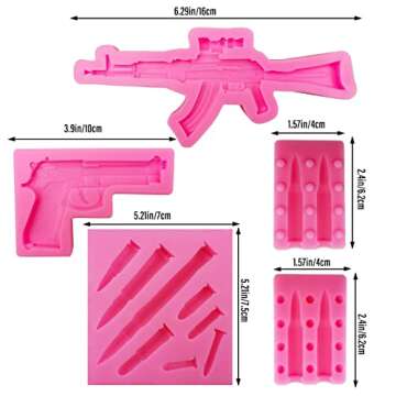 Rainmae 5Pcs Mini Machine Gun Silicone Fondant Molds Pistol Shaped Baking Molds Cupcake Topper Decor Tools for Making Cake, Chocolate, Gummy, Candy, Polymer Clay, Crafting Projects, Jewelry Making