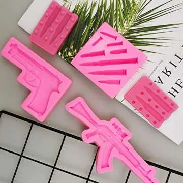 Rainmae 5Pcs Mini Machine Gun Silicone Fondant Molds Pistol Shaped Baking Molds Cupcake Topper Decor Tools for Making Cake, Chocolate, Gummy, Candy, Polymer Clay, Crafting Projects, Jewelry Making