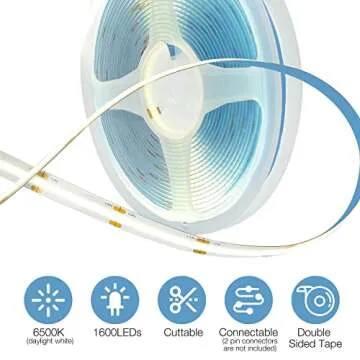 DAYBETTER COB LED Strip, 16.4 ft White LED Strip Lights, Dimmable LED Light Strip 6500K Bright Daylight White, 24V, 1600LEDs, 2835 Flexible LED Tape Light for TV, Bedroom, Kitchen Cabinet, Closet