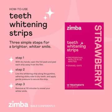 Zimba Strawberry Flavored Teeth Whitening Strips | Vegan, Enamel Safe Hydrogen Peroxide Teeth Whitener for Coffee, Wine, Tobacco, and Other Stains | 14 Day Treatment | Strawberry