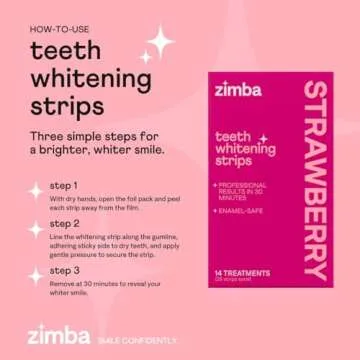 Zimba Strawberry Flavored Teeth Whitening Strips | Vegan, Enamel Safe Hydrogen Peroxide Teeth Whitener for Coffee, Wine, Tobacco, and Other Stains | 14 Day Treatment | Strawberry