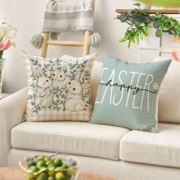 AVOIN colorlife Happy Easter Buffalo Plaid Rabbit Throw Pillow Cover, 18 x 18 Inch Eucalyptus Leaves Hello Spring Cushion Case Decoration for Sofa Couch Set of 4