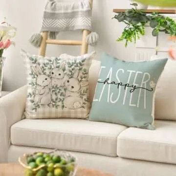 AVOIN colorlife Happy Easter Buffalo Plaid Rabbit Throw Pillow Cover, 18 x 18 Inch Eucalyptus Leaves Hello Spring Cushion Case Decoration for Sofa Couch Set of 4