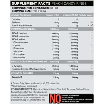 EHP Labs Beyond BCAA Powder Amino Acids Post Workout Recovery - BCAAs Essential Amino Acids EAA Supplements Powder - 10g Amino Acids Supplement for Muscle Recovery - 60 Servings (Peach Candy Rings)