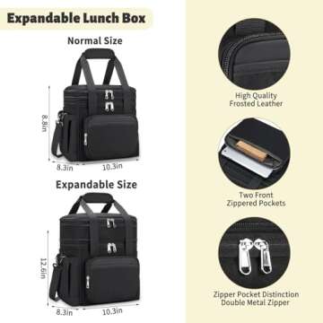 HSHPX Insulated Lunch Bag & Lunch Box for Men - Double Deck Reusable Lunch Bag for Women Tote Cooler Bag Leakproof Soft Expandable - Large Lunchbox for Work/Adult/Picnic/Outdoor(Black，15L)
