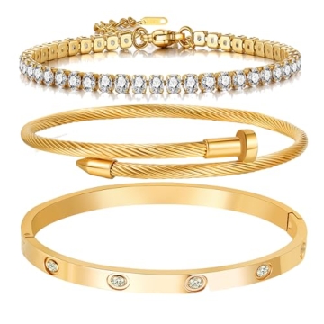A D. ALLEN & DANMI 18K Gold Plated Love Bangle Bracelet Set - Stackable Cubic Zirconia Bracelets for...