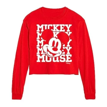 Disney Mickey Mouse Juniors Repeated Mickey Crop Long Sleeve T-Shirt - Medium Red