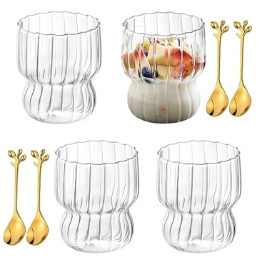 Aemygo 4 Pcs Ribbed Drinking Glasses, 10 Oz Ripple Glass Cups with Stirring Spoon Vintage Fluted Gla...