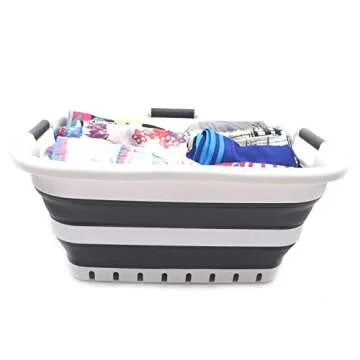 SAMMART 41L (10.8 gallon) Set of 2 Collapsible 3 Handled Plastic Laundry Basket-Foldable Pop Up Storage Container/Organizer-Space Saving Hamper/Basket (2, White/Black)