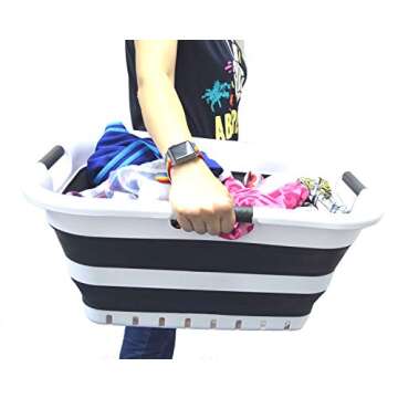SAMMART 41L (10.8 gallon) Set of 2 Collapsible 3 Handled Plastic Laundry Basket-Foldable Pop Up Storage Container/Organizer-Space Saving Hamper/Basket (2, White/Black)