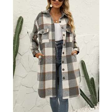 SeekMe Women's Long Plaid Shirt Jacket Shacket Lapel Button Down Woolen Blend Casual Tartan Over Shi...