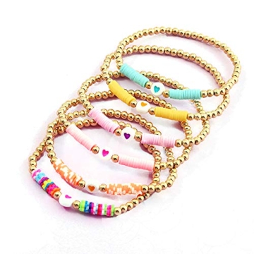 COLORFUL BLING 6Pcs/Pack Gold Beaded Bracelet Rainbow Vinyl Disc Ball Srting Stretch Heart Shaped Br...