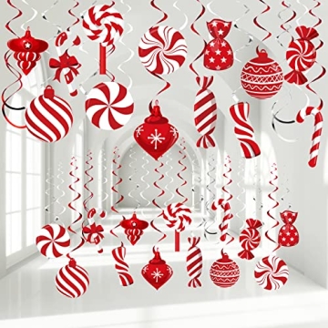 Funrous 56 Pcs Christmas Peppermint Candy Hanging Swirls Decorations Red and White Holiday Party Str...