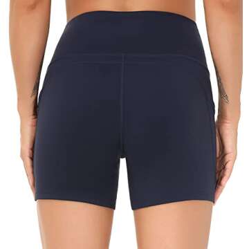 THE GYM PEOPLE High Waist Yoga Shorts for Women's Tummy Control Fitness Athletic Workout Running Shorts with Deep Pockets (Medium, Navy Blue)