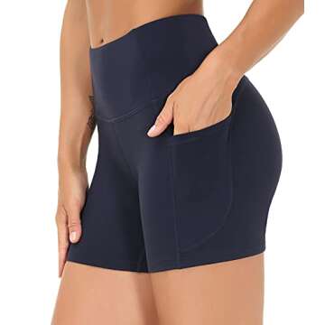 THE GYM PEOPLE High Waist Yoga Shorts for Women's Tummy Control Fitness Athletic Workout Running Shorts with Deep Pockets (Medium, Navy Blue)