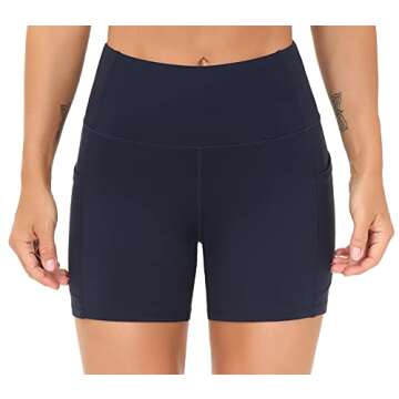 THE GYM PEOPLE High Waist Yoga Shorts for Women's Tummy Control Fitness Athletic Workout Running Shorts with Deep Pockets (Medium, Navy Blue)