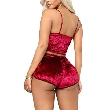 Women's Velvet 2 Piece Outfit Spaghetti Strap Sleeveless Crop Top+ Shorts Set Red M