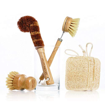 Plant-Based 6pcs Kitchen Brush Set by HELLO NATURE, Sustainable & Biodegradable Natural Fibre Bamboo...
