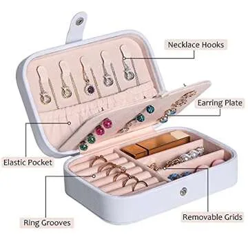 Travel Jewelry Box, PU Leather Small Jewelry Organizer for Women Girls, Portable Mini Travel Case Display Storage Holder Boxes for Stud Earrings, Rings, Necklaces, Bracelets (White Beige)