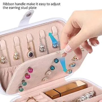 Travel Jewelry Box, PU Leather Small Jewelry Organizer for Women Girls, Portable Mini Travel Case Display Storage Holder Boxes for Stud Earrings, Rings, Necklaces, Bracelets (White Beige)