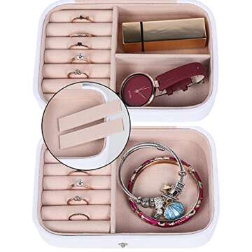 Travel Jewelry Box, PU Leather Small Jewelry Organizer for Women Girls, Portable Mini Travel Case Display Storage Holder Boxes for Stud Earrings, Rings, Necklaces, Bracelets (White Beige)