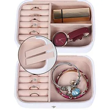 Travel Jewelry Box, PU Leather Small Jewelry Organizer for Women Girls, Portable Mini Travel Case Display Storage Holder Boxes for Stud Earrings, Rings, Necklaces, Bracelets (White Beige)