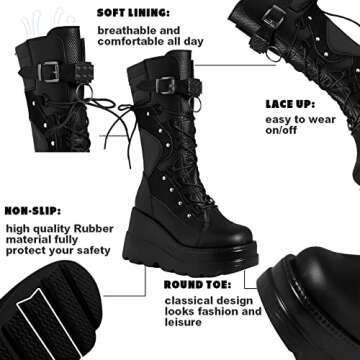 Tscoyuki Women's Goth Platform Boots - Chunky Wedge High Heel Combat Boots for Concerts & Festivals