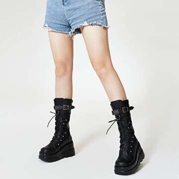 Tscoyuki Goth Platform Boots for Women with Chunky Heel