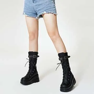 Tscoyuki Goth Platform Boots for Women with Chunky Heel