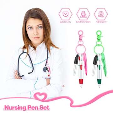 Sabary Mini Highlighter Nurse Pen Pack Set Nurse Pens for Badge Include Pink and Purple Tip Highlighter 2 Permanent Marker and 2 Retractable Ball with 2 Keychain Clip(Pink, Green)