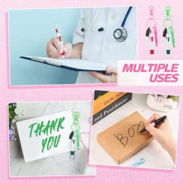 Sabary Mini Highlighter Nurse Pen Pack Set Nurse Pens for Badge Include Pink and Purple Tip Highlighter 2 Permanent Marker and 2 Retractable Ball with 2 Keychain Clip(Pink, Green)