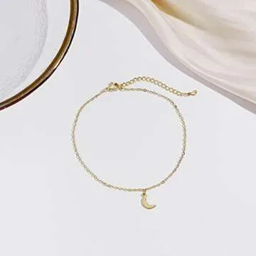 VIROMY 14K Gold Filled Dainty Pearl Ankle Bracelet Minimalist Beads Pearls Moon Opal Sphere Boho Anklets Cute Summer Beach Everyday Jewelry for Women