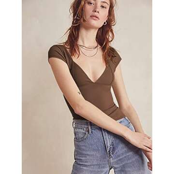 ABYOVRT Women Low Cut Tops Backless Deep V Neck Short Sleeve Crop Tops Sexy Summer Y2k Shirt Going Out Club Wear (A-Brown,L)