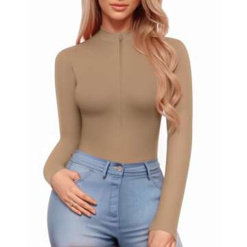 MANGOPOP Long Sleeve Zip Up Bodysuit for Women in Ribbed Deep V Style